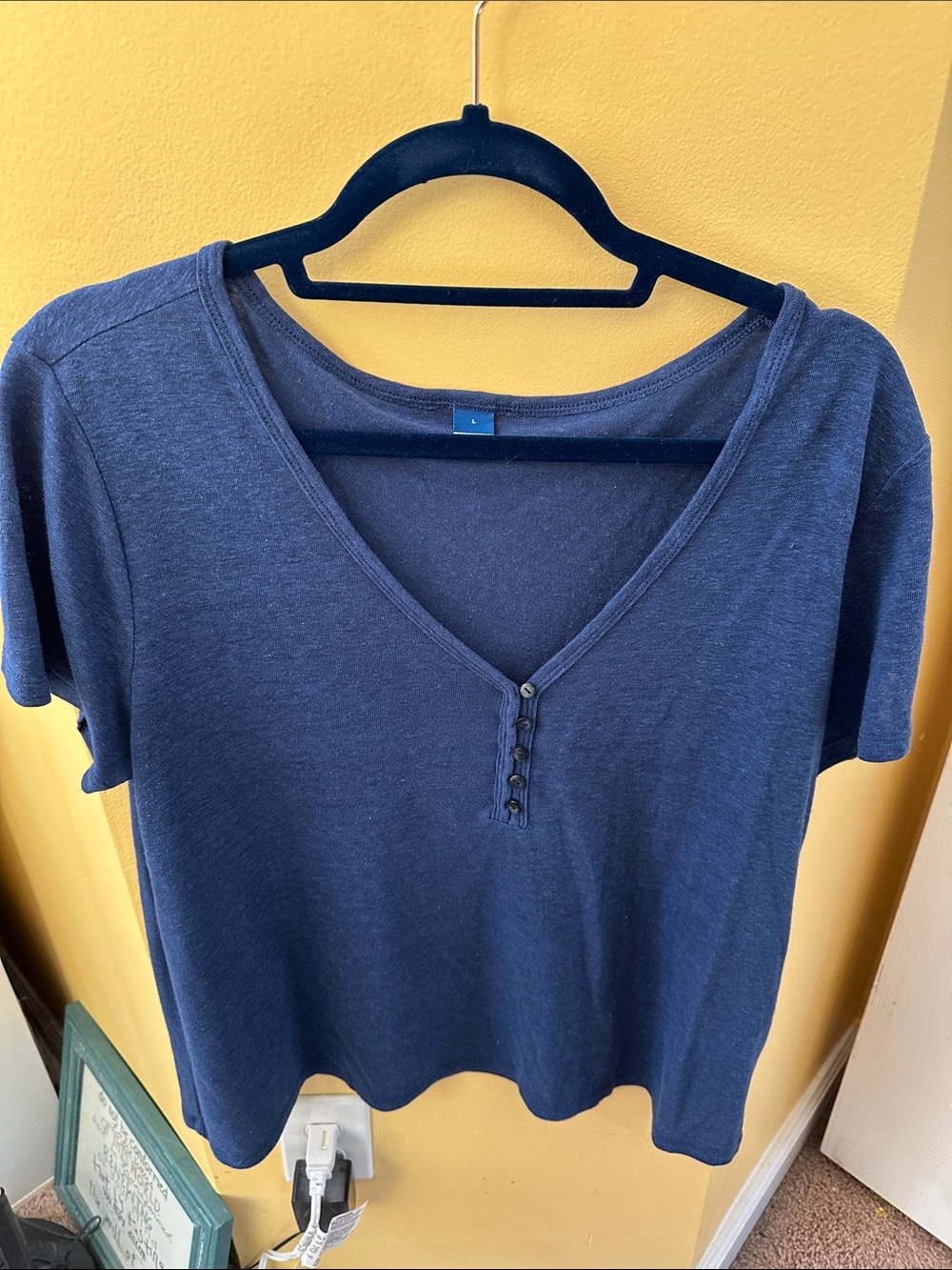 Old Navy Navy Short-Sleeve V-Neck Top with Button Placket